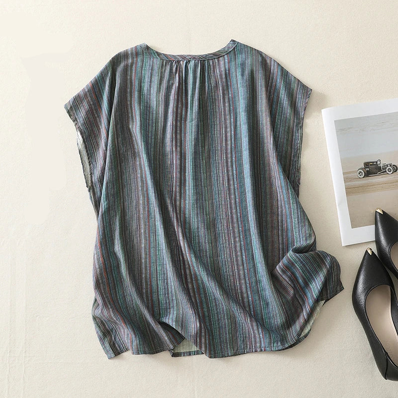 Breathable Hemp Loose Straight Tops Women Summer Sleeveless Casual Tee