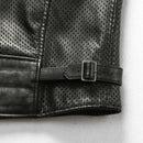 Close-up of a black leather jacket with perforated design on a white background, Obroi