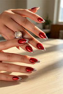 24Pcs Red Nails Press on Detachable Almond Nails Tips Full Cover Silver Shiny Powder French Finger Nail