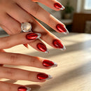 24Pcs Red Nails Press on Detachable Almond Nails Tips Full Cover Silver Shiny Powder French Finger Nail