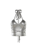 Summer Vintage Women's Halter Neck Silver Crop Tops Sexy Cute Bandage Tank Top Vest Streetwear Camisole T-shirt