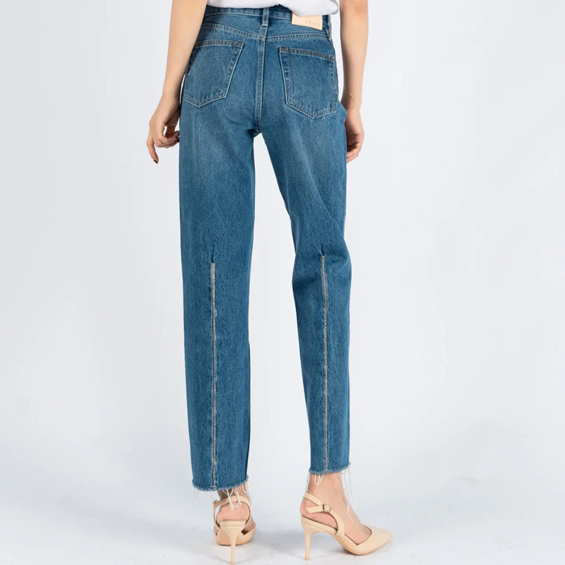 Spring/Summer European and American High Waist Retro Wash Blue Straight Leg Jeans with Topstitching and Raw Edges