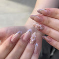 Medium nails embossed flowers golden strips pink purple cat eyes design almond nail tips full cover press on nail