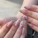 Medium nails embossed flowers golden strips pink purple cat eyes design almond nail tips full cover press on nail
