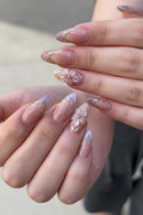 Medium nails embossed flowers golden strips pink purple cat eyes design almond nail tips full cover press on nail