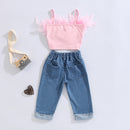 Pink crop top with ruffled straps and blue jeans on a light gray background, Obroi