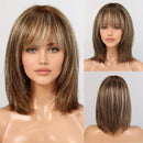 Ombre Golden Brown Human Hairs for Women Natural Daily Straight 12inch Short Human Hair Wigs