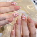 Pink Flowers Metal Bead Wearable Nail Chic Short Almond Press on Nails