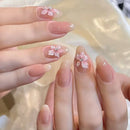 Pink Flowers Metal Bead Wearable Nail Chic Short Almond Press on Nails