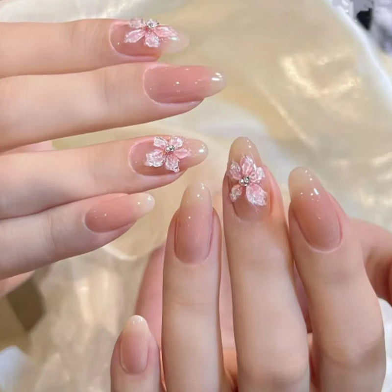 Pink Flowers Metal Bead Wearable Nail Chic Short Almond Press on Nails