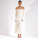 Summer Temperament One Shoulder Strapless Long Skirt Backless Pleated Slim Fit Dress for Women Women