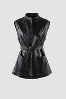 Spring Short Black Soft Leather Vest Women Luxury Chic Sleeveless Jacket