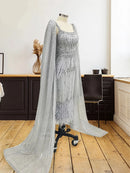 Elegant Evening Dresses with Cape Luxury Crystal Beads Feather Formal Gowns For Women Wedding Party