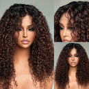 Collage of a wig with curly hair on a mannequin head against a neutral background, Obroi