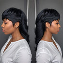 A side-by-side comparison of a woman wearing a short, wavy black wig. The left view shows a three-quarter profile looking left, and the right view shows a three-quarter profile looking right, Obroi