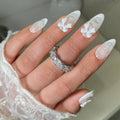 24Pcs/Set Long almond Lace pattern design Press on Nails tip Bow with pearl design translucent Acrylic