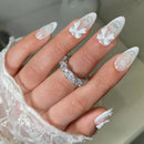 24Pcs/Set Long almond Lace pattern design Press on Nails tip Bow with pearl design translucent Acrylic