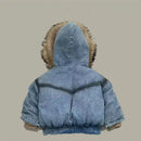 Children's Winter Thick Warm Jackets Boys Denim Hooded Fleece Coats Kids Casual Cotton Padded Fur Collar Outwear