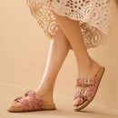 Women's Woven Slide Sandals With Double Gold Buckles Flat Slippers Summer Beach Shoes