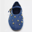 Denim Ballet Flats Women Round Toe Metal Rivets Shoes Buckle Mary Jane Shoe