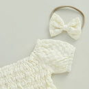 Lovely Summer Newborn Baby Girls Rompers Clothes Solid Ruched Off Shoulder Short Sleeve Bodysuits Jumpsuits Headband Outfits