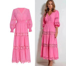 Women Embroidery Flower Lace Patchwork Midi Long Party Dresses Lantern Sleeve Chic