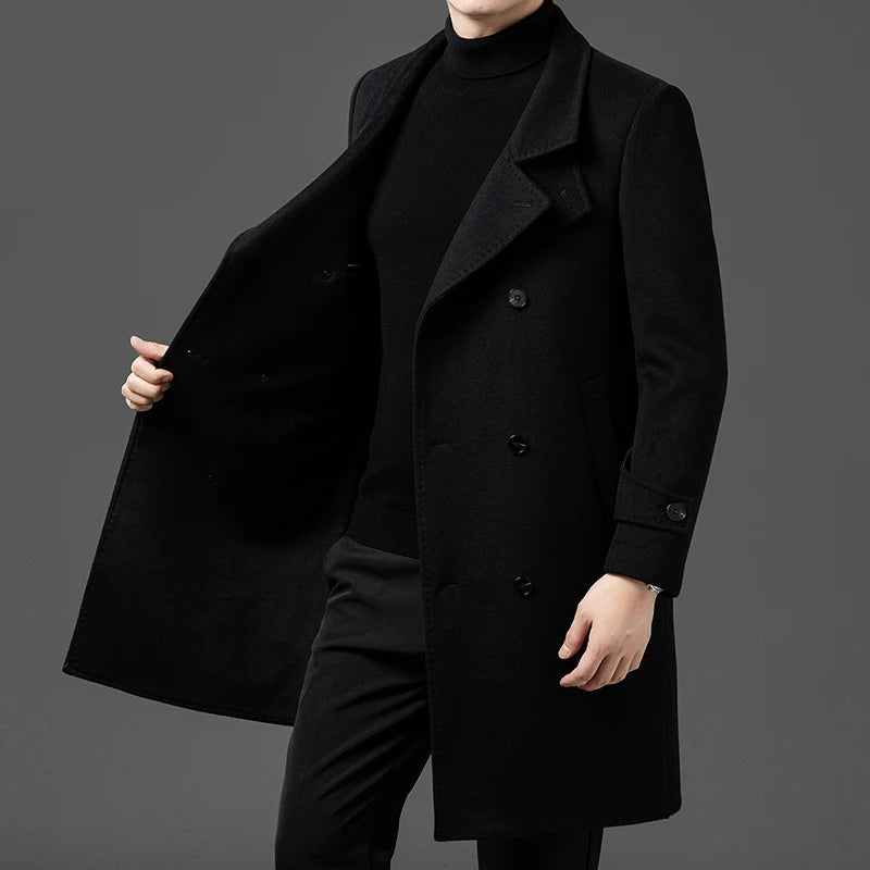 Winter Wool Jacket Men Light Luxury Long Woolen Trench Coats Thick Soft Warm Overcoat Man
