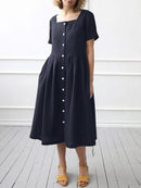 Short Sleeve Dress Women Solid Square Collar Sundress Office Robe Summer Elegant A Line