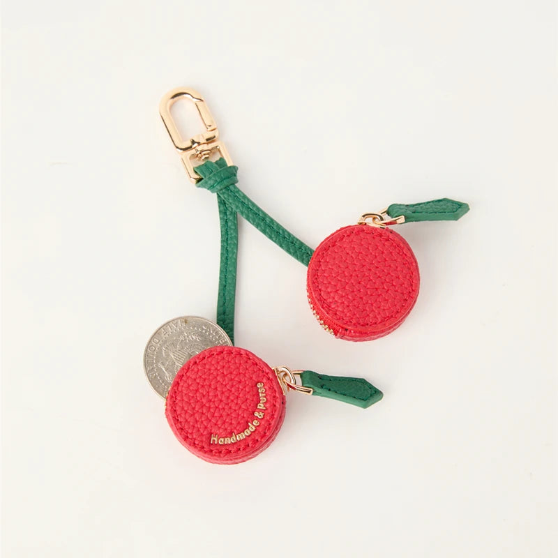 Cherry design Fruit Charm coin purse leather cute key chain mini pouch Wallet gift for girl women