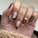 Nails for women girls Gradient brown blue embossed flowers fall winter almond tips press on false nail