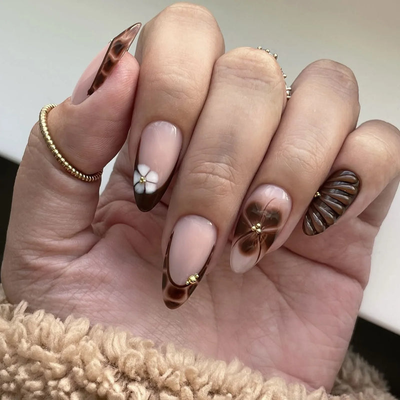 Nails for women girls Gradient brown blue embossed flowers fall winter almond tips press on false nail