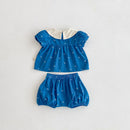 Summer baby girls floral embroidery ruffled collar bubble set retro top and shorts set