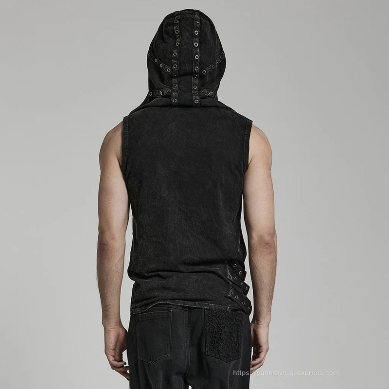Men Punk Handsome Elastic Knitted Hooded Vest Men Black Tank Spring Summer