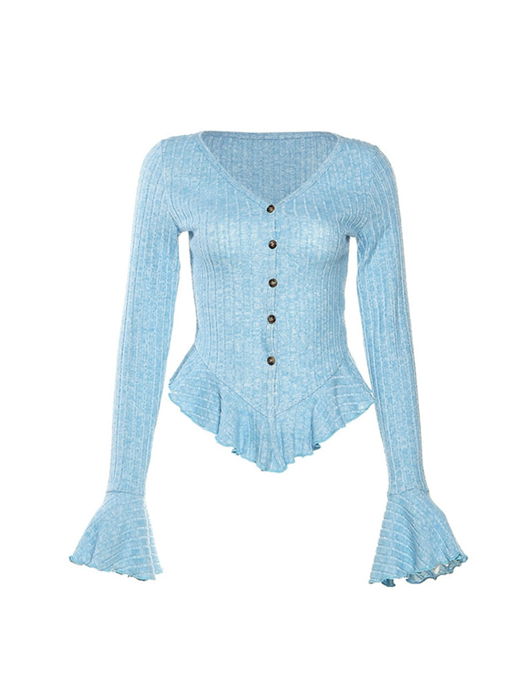 Women T-Shirt Basic Solid Color Long Sleeve V-Neck T Shirt Blue Vintage Tee Top
