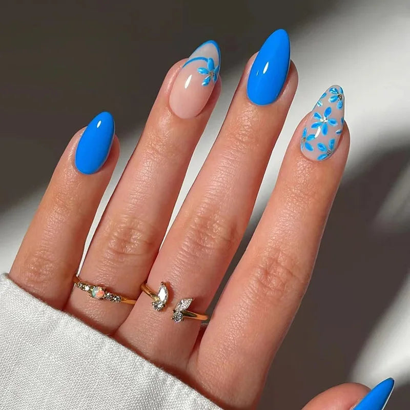 24pcs Cat Eye Press on Nails Finished Flower Design Full Cover Almond False Nail