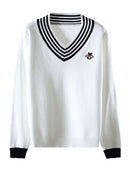 Style Spring Autumn Women Bee Embroidery Sweater Elegant V-neck Knitted Loose Striped Long Sleeve Pullover