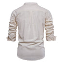 Men Linen Shirt Casual Solid Breathable Top Embroidered Standing Neck Slim Fit Shirt
