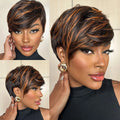 Glueless Side Part Pixie Cut Human Hair Wig Brown Highlight Layered Short Bob Wig Pre Plucked Hairline
