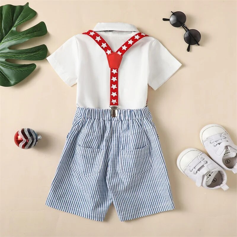 Baby Boys Gentleman Outfit Summer Solid Color Short Sleeve Romper Top and Casual Star Striped Suspender Shorts Set