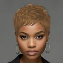 Woman with short, styled hair wearing hoop earrings on a gray background, Obroi