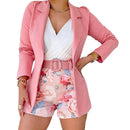 Women Blazer Shorts Set Solid Thin Coat High Waist Flower Short Pants Commute Cardigan Style Lady Outfit
