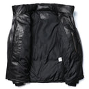 Black leather jacket with a black quilted lining on a white background, Obroi