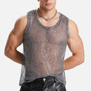 Men Mesh Tank Top Glitter Sheer See Through Vest Fishnet Party Tops Male Tees T Shirts