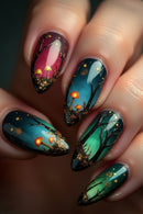 Nails with forest-themed nail art featuring mushrooms and trees, Obroi