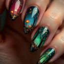 Nails with forest-themed nail art featuring mushrooms and trees, Obroi