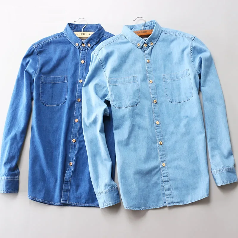 Spring Autumn Men Denim Shirt Long Sleeve Soft Slim