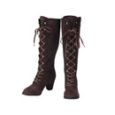 Medieval Victorian Women Knee High Boots Gothic Suede Chunky Heel Lace Up Mid Calf Shoes Cosplay Costume