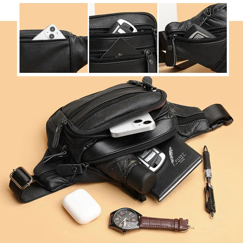 Genuine Leather Waist Bag for Men Leather Fanny Bagr Shoulder Bag Unisex Belt Waist Packs