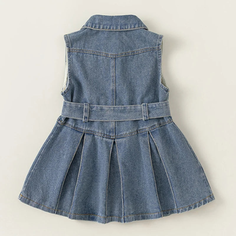 Summer Girls Boutique Clothes Denim Sleeveless Belt Blue Baby Dresses Little Princess Dress Kids Clothing