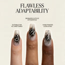Nails with decorative design on a beige background, featuring text about product features, Obroi
